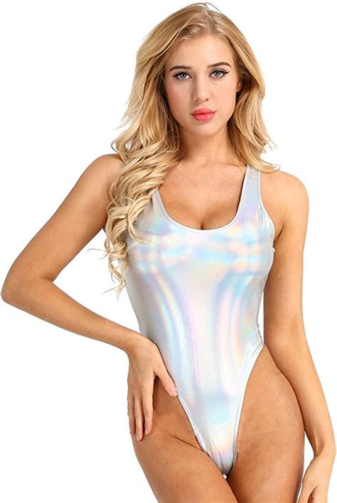 Yartina Women Shiny Metallic Holographic Sleeveless High Cut Thong Leotard Bodysuit Swimwear