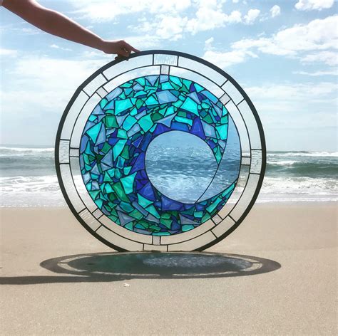 Stained Glass Panel Window Framed Art Glass Blue Green Stained Glass Ocean Coastal Farm