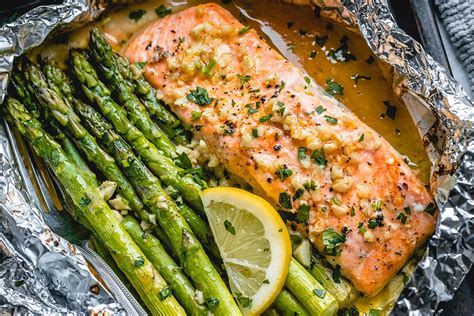 baked salmon in foil recipe with asparagus and garlic butter sauce baked salmon recipe