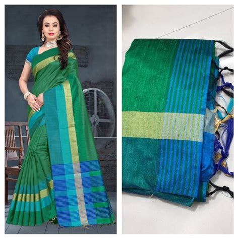 Dark Green Raw Silk Saree With Contrast Blouse Pattern Plain K S Creations Surat Gujarat