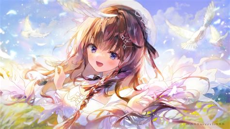 Wallpaper Pretty Anime Girl Feathers Brown Hair Smiling Blushes