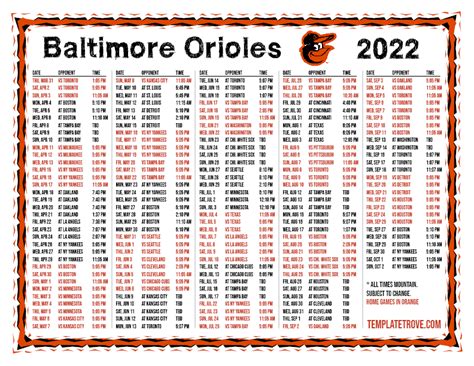 Printable 2022 Baltimore Orioles Schedule
