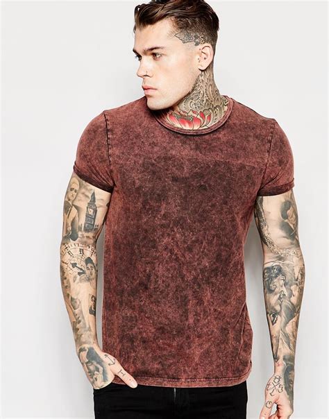 Lyst Asos T Shirt In Acid Wash With Roll Sleeve In Rust In Red For Men