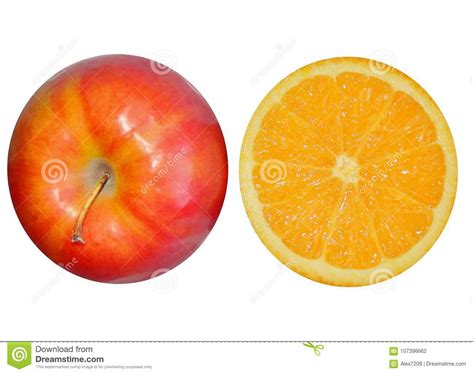 2 Halves Of Orange And Apple Isolated On White Background Stock Photo