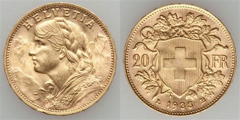 Beautiful Uncirculated Swiss Gold Coin 1935 L B 20 Francs Switzerland
