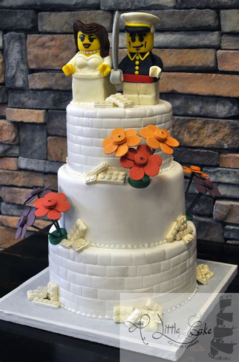 White Lego Cake Fondant Wedding Cake With Lego Bride And Groom And