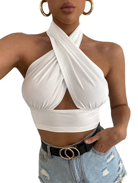 Buy Verdusa Women S Sexy Criss Cross Tie Backless Cut Out Front Crop Halter Top White M At Amazon In