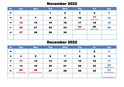 November December 2022 Printable Calendar Printable World Holiday
