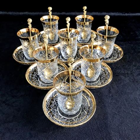 Vintage Turkish Tea Set Cut Crystal With Gold Trim Tea Glasses
