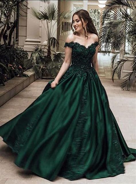 2021 Classic Satin Dark Green Off Shoulder Sweetheart Ball Gown Prom