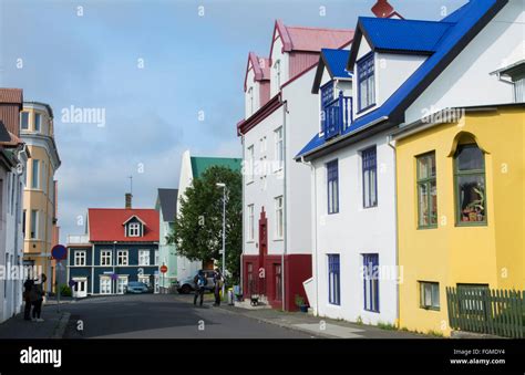Reykjavik Iceland Downtown Colorful Houses On Street In Neighborhood