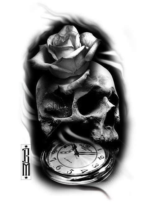 Skull Rose Clock Black And Grey Tattoo Sleeve Ideas Designs Design