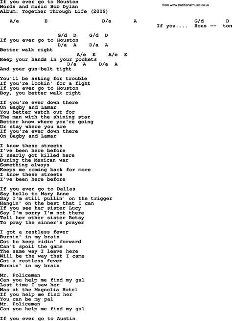 bob dylan song if you ever go to houston lyrics and chords