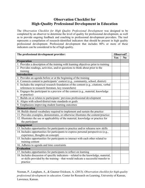 Observation Checklist For High Quality Professional