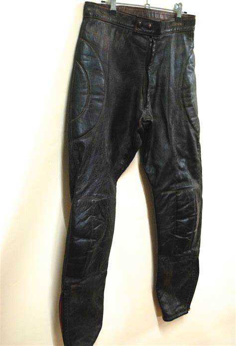 80s Mens Vintage Motorcycle Leather Pants Black High Waist Panelled