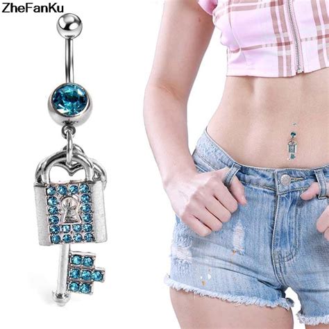 PC Silver Plated Belly Button Ring L Surgical Steel Lock Key Dangle