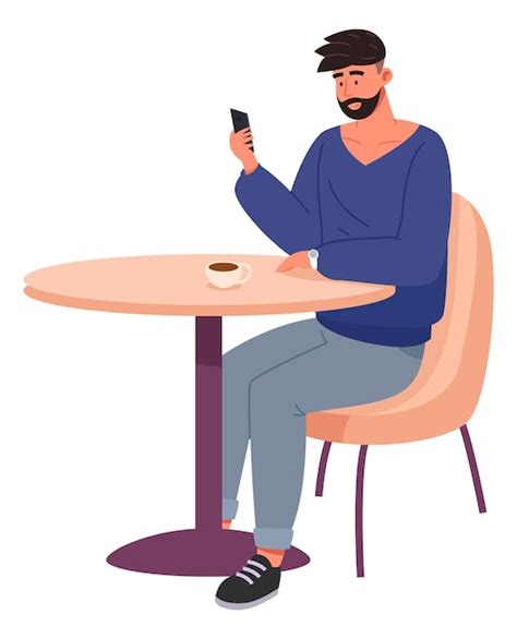 Homem sentado no café e olhando para a tela do smartphone Vetor Premium