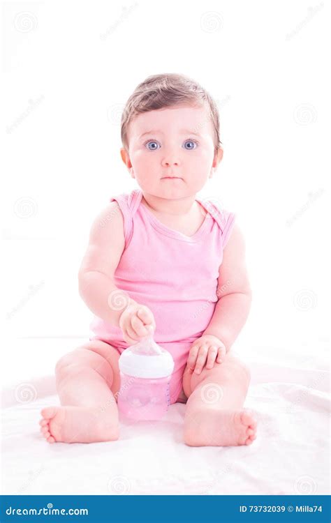 Baby Girl With Pink Baby Bottle Stock Image Image Of Bottle