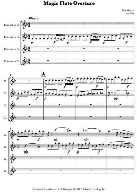 Mozart Magic Flute Overture Sheet Music For Clarinet Quartet