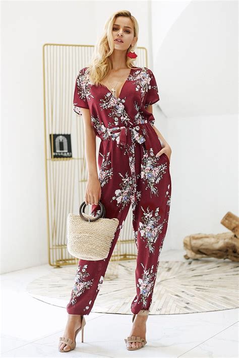 Vintage Floral Print Boho V Neck Short Sleeve Loose Sash Jumpsuit