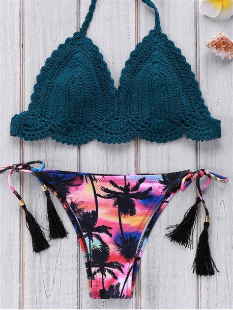[23 off] 2021 crocheted halter printed bikini set in blue zaful