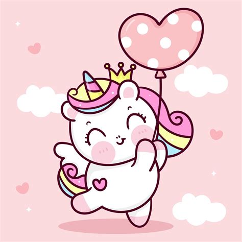 Cute Unicorn Vector Princess Pegasus Holding Heart Balloon Pastel Sky