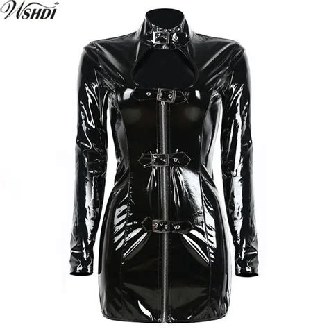 hot new latex rubber buckle dress keyhole bust zipper black pvc sexy faux leather wet look tight