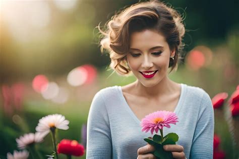 Premium Ai Image A Woman Holds A Flower In Her Hand And Smiles
