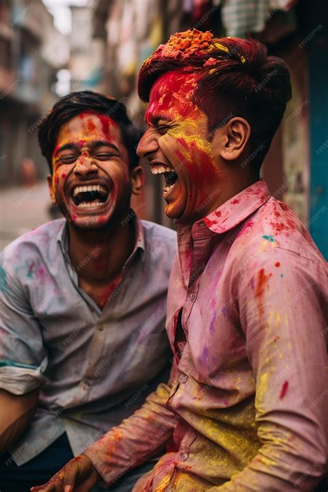 premium ai image a candid moment of indian friends laughing and smearing color on each others