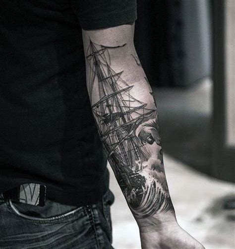 Mens Sweet Sailing Ship With Ocean Waves Inner Forearm Tattoo