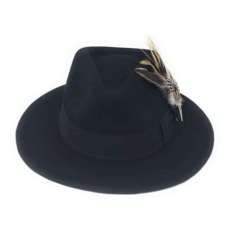 Black Wool Fedora Hat With Country Feather Brooch Burford