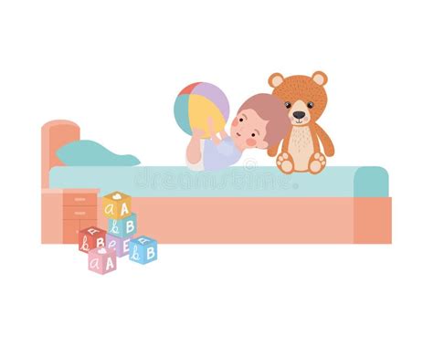 Cute Little Boy Baby With Bear Teddy In Bedroom Stock Vector