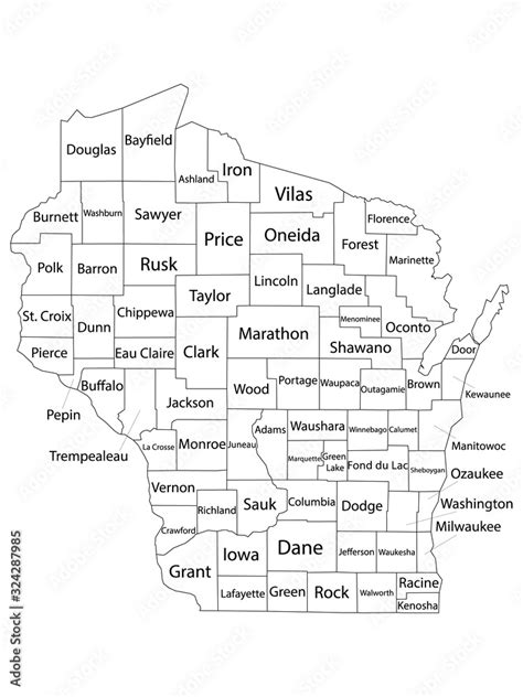 White Outline Counties Map With Counties Names Of Us State Of Wisconsin