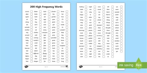 200 High Frequency Words Checklist High Frequency Words Checklist