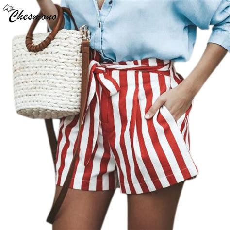belted elastic waist striped boho shorts women mid waist loose bottom shorts 2018 summer beach