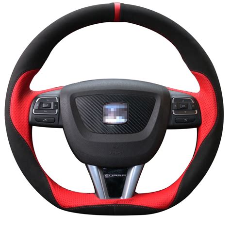 Black Suede Red Leather Red Marker Car Steering Wheel Cover For Seat