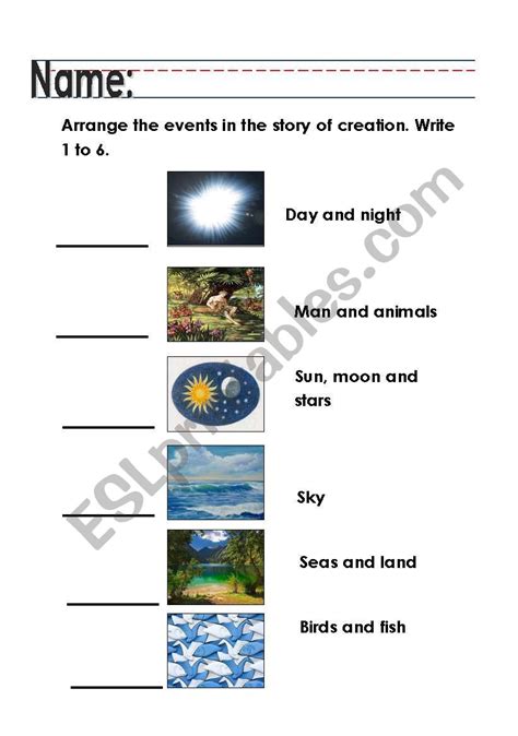 English Worksheets Arranging Events In The Story Of Creation