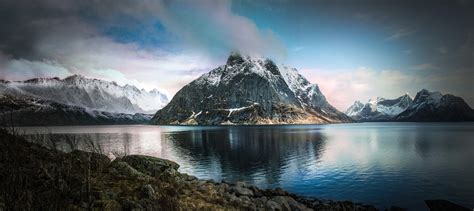 Nature Landscape Fjord Mountain Snowy Peak Clouds Norway Spring
