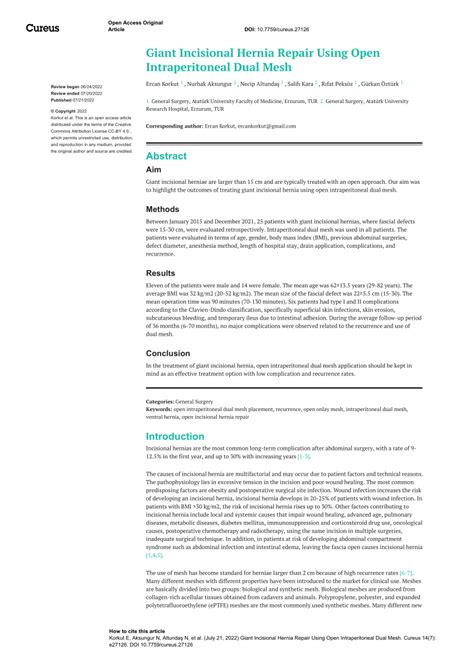 Pdf Giant Incisional Hernia Repair Using Open Intraperitoneal Dual Mesh