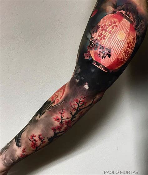 Atmospheric Japanese Sleeve With Lantern And Cherry Blossom Tattoo By