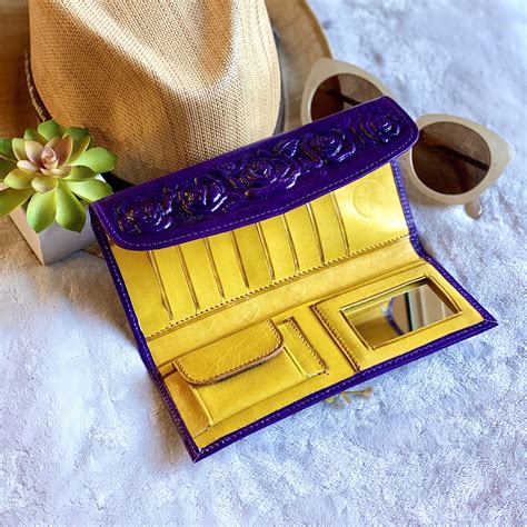 Handmade Purple Roses Leather Wallets For Women Bicolor Leather