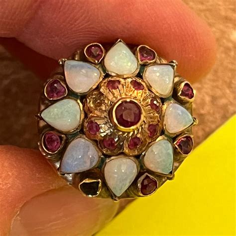 Victorian Era Cluster Dome Ring Opal And Garnets