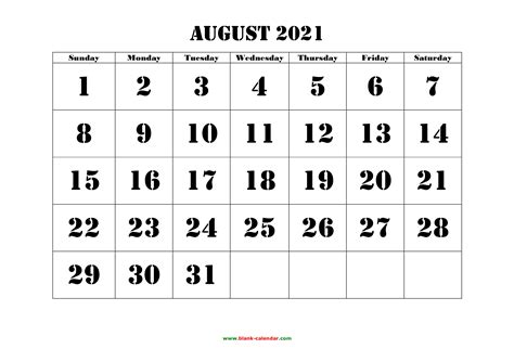 Free Download Printable August 2021 Calendar Large Font Design