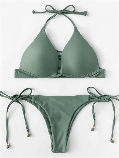 Plus Self Tie Halterneck Strappy Bikini Set Plain Bikini Tie Bikini