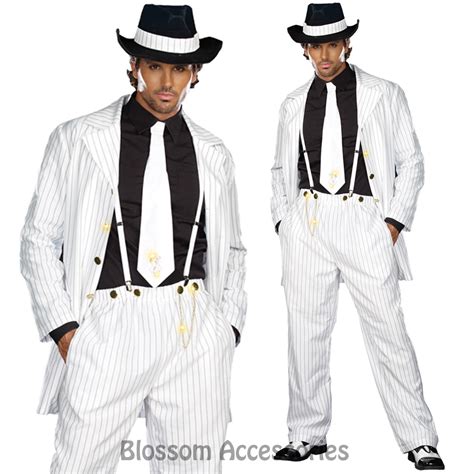 Cl881 Zoot Suit Mens White Gangster 20s 1920s Pinstripes Fancy Dress Up