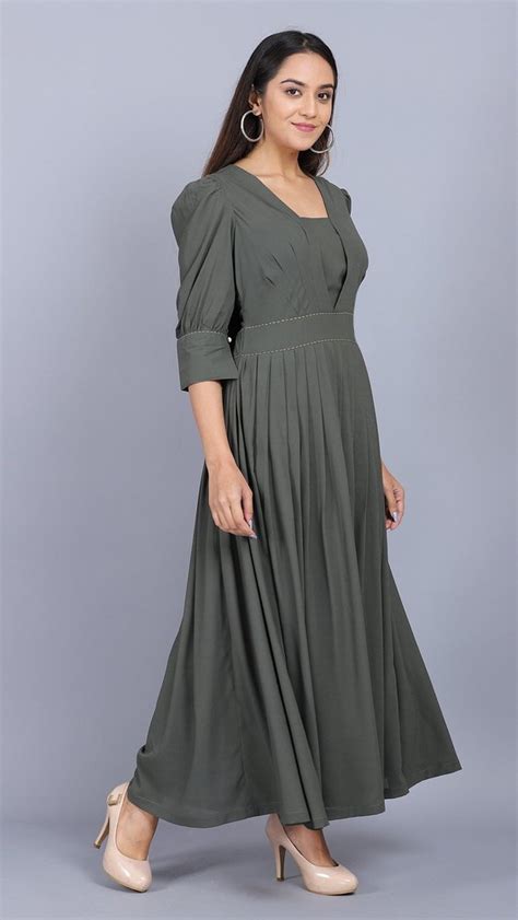 Olive Green Solid Empire Dress महिलाओं की डिजाइनर ड्रेस लेडीज डिजाइनर