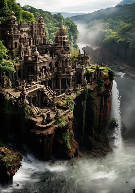 Premium Ai Image Fantasy Castle Near A Waterfall In Fantasy Stlye