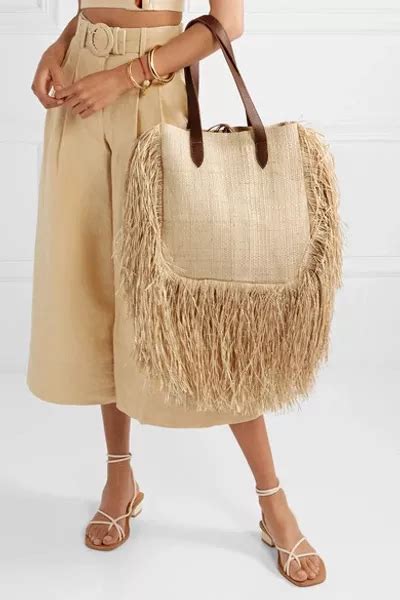 Nannacay Net Sustain Aurora Leather Trimmed Fringed Woven Raffia Tote