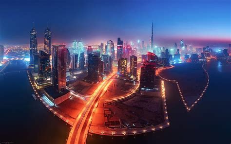 Dubai Night Fog City Lights Skyscrapers Uae Nightlife Burj