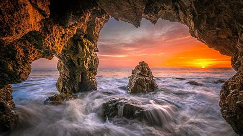 Hd Wallpaper Shore Natural Arch Cave Orange Sky Dawn California